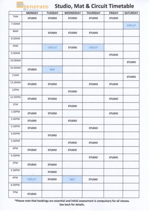 Clinical Exercise Rehabilitation Timetable - Regenerate Physiotherapy